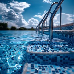 blue water surface with bokeh defocused lights and reflections background