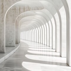 modern architecture white arched corridor with sunlight and shadows.