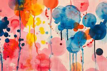 Wall Mural - Abstract watercolor blobs resembling balloons, in bold, playful colors on a soft pink background 