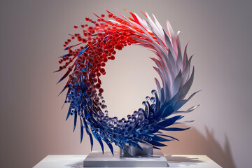 Canvas Print - An abstract sculpture resembling a firework, colored in red, white, and blue, against a white to red gradient background 