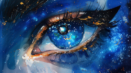 Wall Mural - closeup of a watercolor eye with a galaxy reflected in the pupil