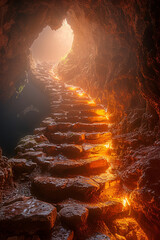 An ancient cave tunnel with rough, uneven surfaces, partially illuminated by a warm, golden light, creating a sense of depth and mystery