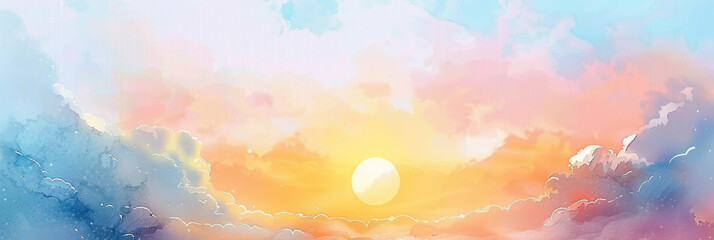 Sticker - watercolor beautiful sunset clouds with sun shining through fog 