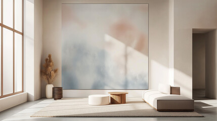 Sticker - Wide view of a minimalist interior with a large abstract watercolor in pastel tones on the wall 