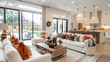 © Akash Tholiya - Beautiful living room interior in new luxury home with open concept floor plan. Shows kitchen, dining room, and wall of windows with amazing exterior