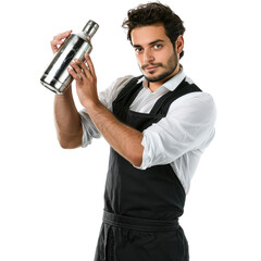 Male bartender shakes aluminum bottle drink, transparent background