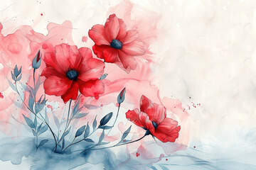 Wall Mural - A beautiful bouquet of red flowers with a watercolor background. A luxurious wallpaper design made using blue flowers, line art and watercolor