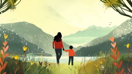 Wall Mural - Mother and child enjoy a serene lakeside walk amidst nature