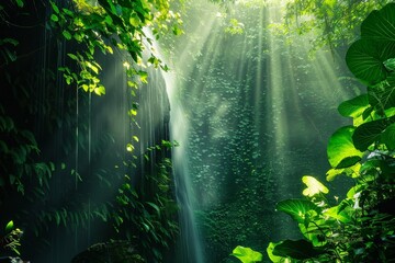 Wall Mural - A hidden waterfall cascading through a lush rainforest, sunlight filtering through the vibrant foliage