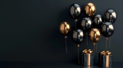 Wall Mural - Elegant Black Gold Gift Box with Balloons and Ribbon on Black Background