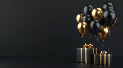 Wall Mural - Elegant Black Gold Gift Box with Balloons and Ribbon on Black Background