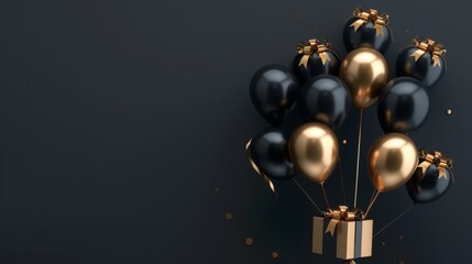 Wall Mural - Elegant Black Gold Gift Box with Balloons and Ribbon on Black Background