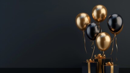 Wall Mural - Elegant Black Gold Gift Box with Balloons and Ribbon on Black Background