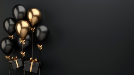 Wall Mural - Elegant Black Gold Gift Box with Balloons and Ribbon on Black Background