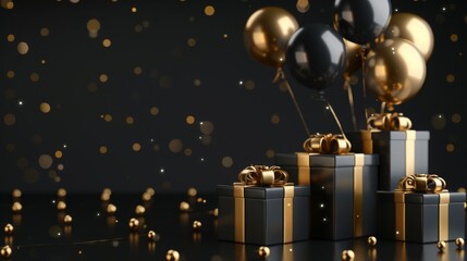 Wall Mural - Elegant Black Gold Gift Box with Balloons and Ribbon on Black Background