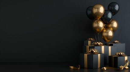 Wall Mural - Elegant Black Gold Gift Box with Balloons and Ribbon on Black Background