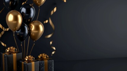 Wall Mural - Elegant Black Gold Gift Box with Balloons and Ribbon on Black Background