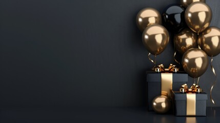 Wall Mural - Elegant Black Gold Gift Box with Balloons and Ribbon on Black Background