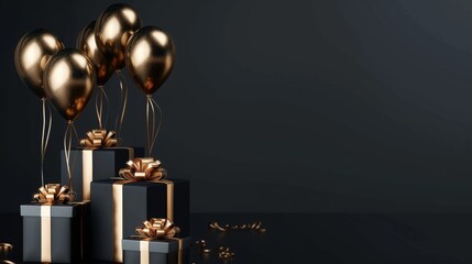 Wall Mural - Elegant Black Gold Gift Box with Balloons and Ribbon on Black Background