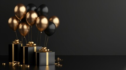 Wall Mural - Elegant Black Gold Gift Box with Balloons and Ribbon on Black Background