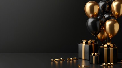 Wall Mural - Elegant Black Gold Gift Box with Balloons and Ribbon on Black Background