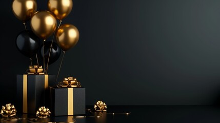 Wall Mural - elegant black gold gift box with balloons and ribbon on black background