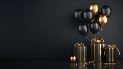 Wall Mural - Elegant Black Gold Gift Box with Balloons and Ribbon on Black Background