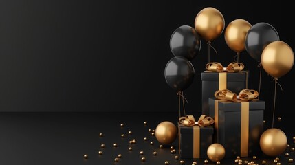 Wall Mural - Elegant Black Gold Gift Box with Balloons and Ribbon on Black Background