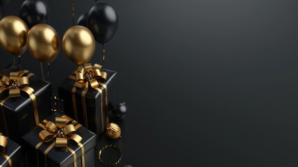 Wall Mural - Elegant Black Gold Gift Box with Balloons and Ribbon on Black Background