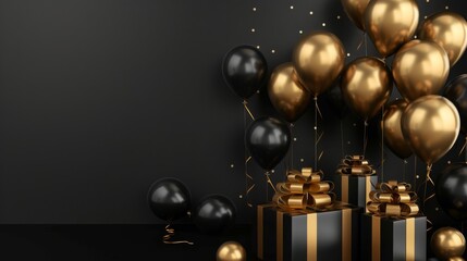 Wall Mural - Elegant Black Gold Gift Box with Balloons and Ribbon on Black Background