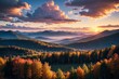 © DEER FLUFFY - Panorama of Mountain Range at Sunset. Stunning Wide View with Colorful Forest, Village, and Birds Flying Across the Sky.