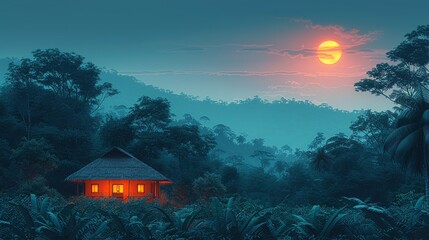 Wall Mural - A small house is surrounded by trees and a large moon is in the sky