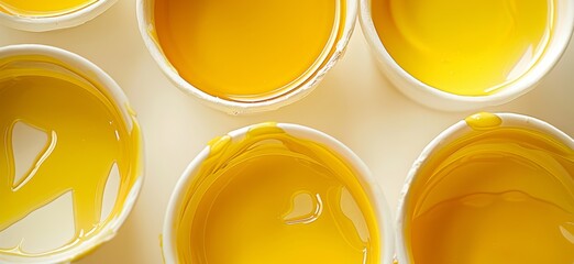 Wall Mural - five yellow liquide in an five white pot taken from above isolated on white background
