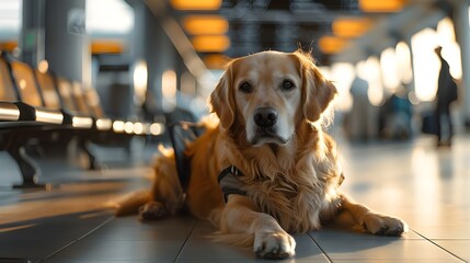 Wall Mural - Cute golden retriever puppy dog at airport terminal, traveler luggage airplane background, excitement of travel with man's best friend. Creative animal pet travel concept 3d digital artwork landscape.