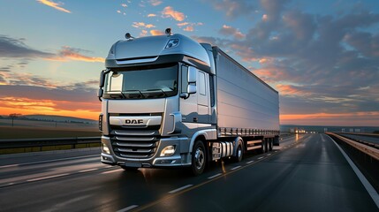 gleaming silver cargo truck on a deserted highway during twilight, left side for text.