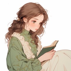 Sticker - illustration a lady portrait, reading , brown hair, big eyes, green clothes and matching color book, white isolated background