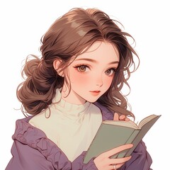 Canvas Print - illustration a lady portrait, reading , brown hair, big eyes, purple clothes and matching color book, white isolated background