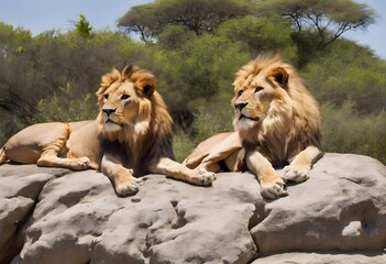 Wall Mural - Lions sitting on a rock in the sun