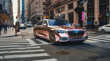 Naklejka na meble Rose gold luxury sedan on a bustling urban avenue during rush hour, space for text on left.