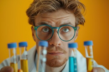 Wall Mural - A man with glasses is holding up several test tubes