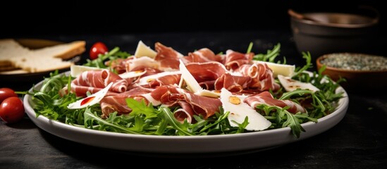Aufkleber - Traditional Italian antipasti salad with prosciutto mozzarella and arugula on a copy space image background Close up shot
