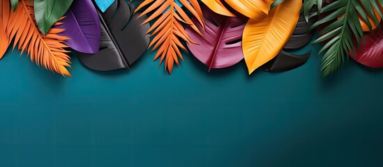 Poster - Colorful background with paper tropical leaves creating a visually appealing copy space image
