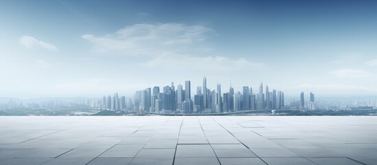 Poster - A panoramic view of the skyline and buildings with an empty square on the ground Includes copy space image