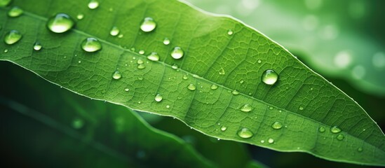 Leinwandbilder - Copy space image of a dew covered green leaf
