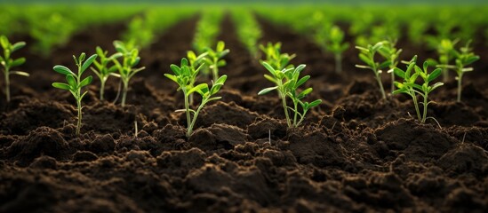Poster - Rows of newly planted crops growing in the soil with plenty of space for copy images