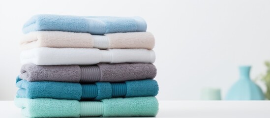 Poster - A neatly arranged stack of clean towels for the bathroom is placed on a table with a white background leaving room for text. Creative banner. Copyspace image