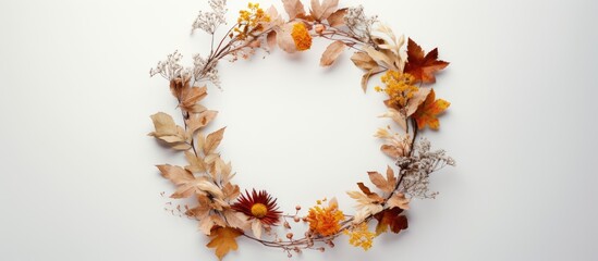 Aufkleber - Copy space image of an autumn wreath made of leaves and flowers encircled in a round frame placed on a neutral grey background