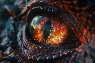Poster - A detailed close up of a dragon's eye with flames, perfect for fantasy or mythical themed designs