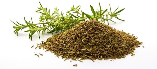Poster - A white background frames a solitary image of fresh thyme spice Ample space is provided for additional text