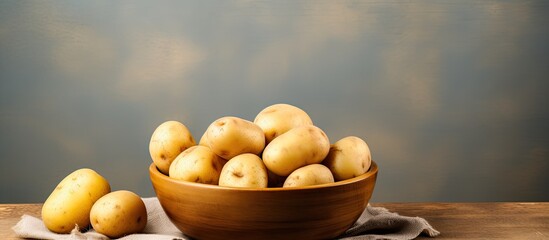 Canvas Print - A wooden bowl filled with fresh small potatoes perfect for cooking Copy space image